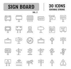 Signs board line editable icon set. Containing billboards, information, directions, symbols, advertisements and more. Vector illustration
