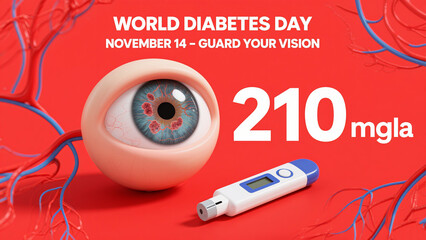 Relevant diabetes daily elements, including eyes and blood glucose meter, represent the risk of eye complications of diabetes and the concept of vision protection.