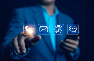 Businessman icons (address, phone, email, mobile, call) contact customer support, email website...