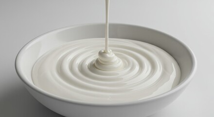 Photo of Pouring Yogurt or Cream into White Bowl on Clean Background