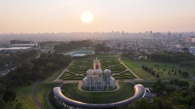 Curitiba Skyline In Curitiba Parana Brazil. Famous Botanical Garden Showing The Around The City. Sunset Sky Background Downtown Cityscape. Sunset Downtown Illumination. Curitiba Parana.