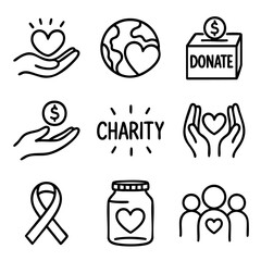 A set of doodle line icons representing charity, donation, love, and support in a minimal and expressive style
