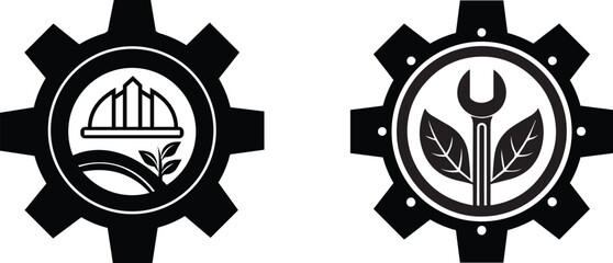 Eco Industrial Logo Set – Construction and Tool Symbols in Gear Shape with Nature Elements