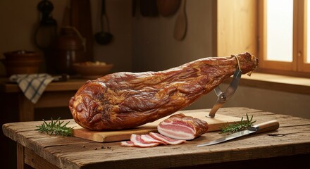 Photo of Prosciutto Ham with Rosemary on Rustic Table