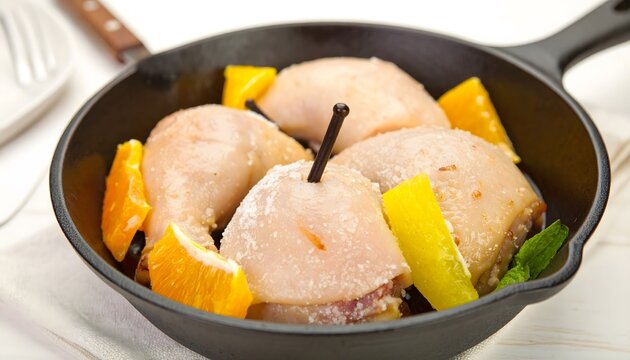 Juicy Chicken Legs Roasted with Orange Slices in Cast Iron Pan Ready for Dinner