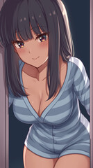 Anime Girl in Pajamas Peeking from Behind a Door