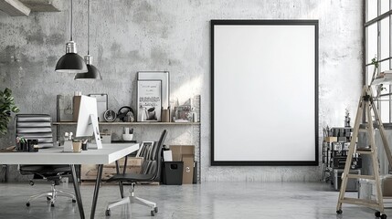 Fototapeta premium Modern Industrial Office Design Mockup, Concrete Wall, Large Poster, Minimalist Workspace, Industrial Design, Office Decor Modern Office, Industrial Interior