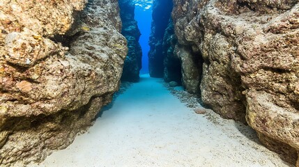 Underwater canyon with sandy seabed.