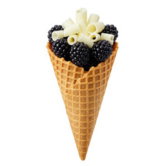 Delicious ice cream cone filled with blackberries and white chocolate curls on a plain background