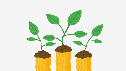 Illustration of green plants growing from coin stacks with soil, symbolizing financial growth, investment, and sustainable economy. Clean, minimal, and eco-friendly concept.