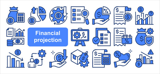 Financial projection icon collection set. Containing budget, forecast, revenue, expense, profit, loss, cashflow, investment, depreciation icon. Simplel ine vector illustration.	