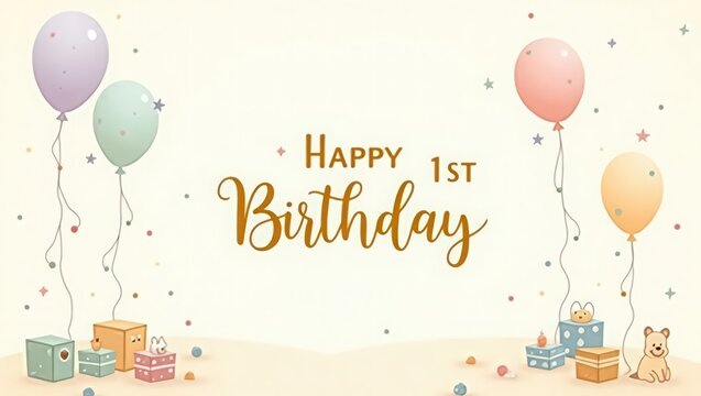 Happy first birthday illustration with balloons gifts and cute animals on a light yellow background