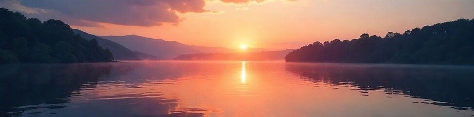 A peaceful sunrise over a tranquil lake, gently rippling water reflecting the soft light, a serene soundscape of nature's wake , sunrise, scenery, sky