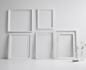 Modern minimalist white frames, clean lines, various photo styles on white background,  white frames,  simple