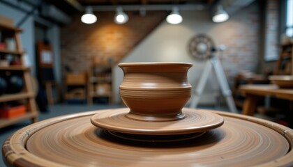 Ceramic pot on a pottery wheel in a workshop setting.
