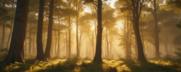 Golden sunlight streams through canopy, creating vibrant forest scene,  serene,  panorama
