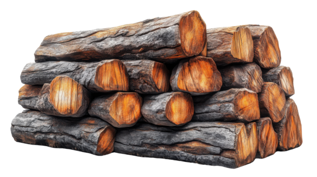 Stack of cut logs firewood isolated on white background, showing natural wooden texture, chopped timber pieces arranged for burning, perfect for camping, heating, forestry, and rustic themes
