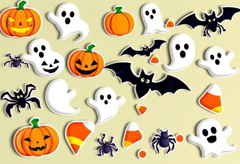 Naklejka premium A spooky, fun collection of Halloween icons, including pumpkins, ghosts, bats, spiders, and candy corn, perfect for stickers and prints, witch, print