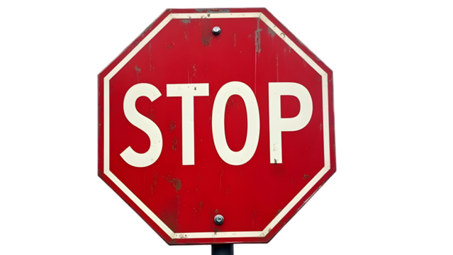 Red stop sign with white text isolated on a transparent background