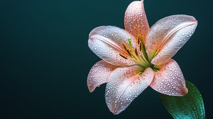 Closeup of a peach lily flower with dew drops on its petals against a dark green background  high resolution   for isolate image
