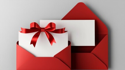 Red Envelope Mockup White Card with Red Bow, Gift Card Design, 3D Render, Holiday Card Gift Card, Mockup