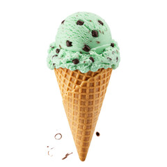A delicious mint chocolate chip ice cream cone against a clean white background