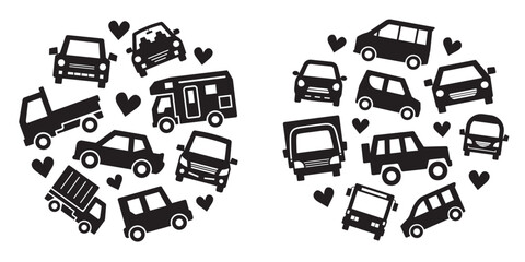 circle icon gallery of various car - silhouette medium size version - heart mark