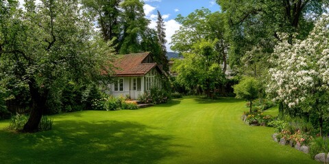 Lush green lawn with apple and cherry trees in the yard of the small residential house 