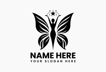 Elegant black silhouette vector logo of a woman with outstretched arms and large ornate butterfly wings reaching for a shining star. Fantasy concept
