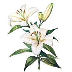 Elegant white lilies displayed against a clean Transparent background in a contemporary floral design, lilies flower on White background