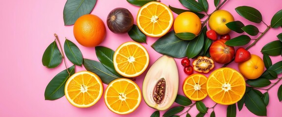 Vibrant flat lay of exotic fruits & lush leaves on pink , still life,  food styling
