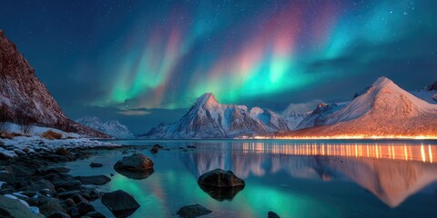 Northern lights over the snowy mountains, frozen sea, reflection in water at winter night in Lofoten, Norway. Aurora borealis and snowy rocks. Landscape with polar lights, road, starry sky and fjord