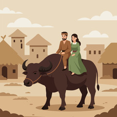Naklejka premium People Riding Water Buffalo in Traditional Village Scenic Journey
