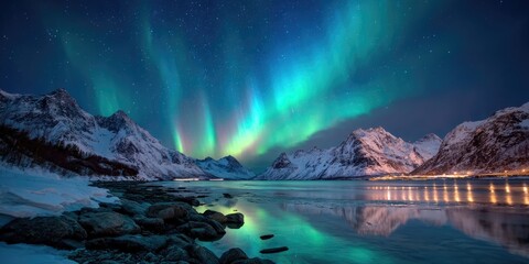Northern lights over the snowy mountains, frozen sea, reflection in water at winter night in Lofoten, Norway. Aurora borealis and snowy rocks. Landscape with polar lights, road, starry sky and fjord 