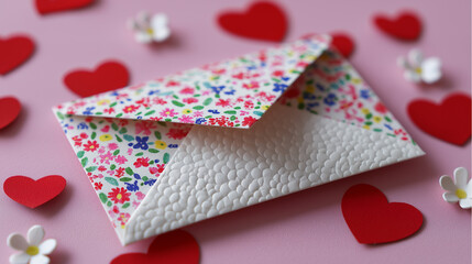 Obraz premium Floral envelope surrounded by colorful paper hearts on a pink background, evoking a romantic or festive theme. 