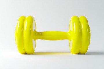 Obraz premium A single yellow dumbbell with a glossy finish is centered on a white background with soft shadows