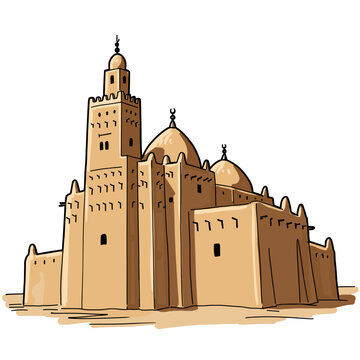 Jenne Mosque illustration in desert landscape with traditional architecture  