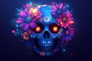 Colorful floral skull design with glowing eyes on a dark background, showcasing vibrant artistry