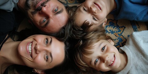 Parents and Kids Lying on Floor, Looking Up. A playful scene where the family lies on the floor, heads together, looking up at the camera with joyful expressions. 