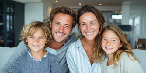 Portrait of happy parents enjoying with their kids at home and looking at camera. 