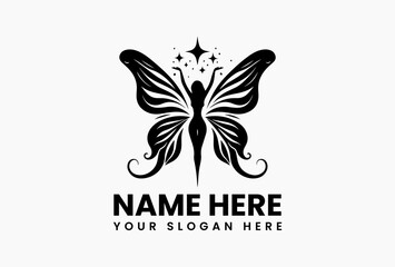 Mystical black vector logo of woman with elaborate butterfly wings stretching toward glowing star. Fantasy transformation concept  