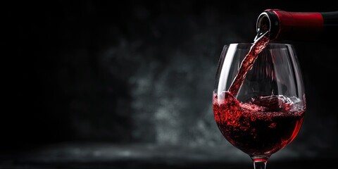 Pouring red wine into a wine glass at the black background. 