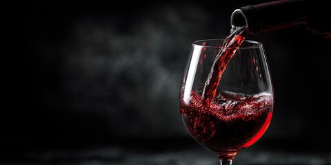Pouring red wine into a wine glass at the black background. 