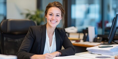 Professional woman in business attire, sitting at her desk, smiling confidently at the camera, with documents and a smartphone nearby. 