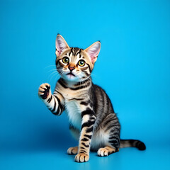 Obraz premium Curious Kitten: A charming kitten, boasting a captivating gaze, extends a paw in a playful gesture, set against a vibrant blue backdrop.