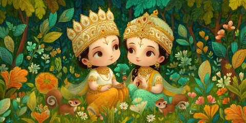 Radhe and Krishna were a pure princess and prince, with elegant gold crowns and gold jewelry embedded with diamonds and jewels, sitting on bright green grass filled.