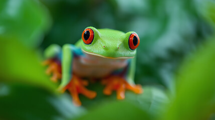 Colorful red-eyed tree frog perched on a green tropical leaf in a lush environment.
