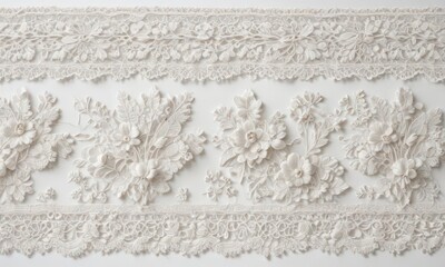 Elegant antique lace trim on pristine white, showcasing intricate floral motifs ,  detail,  pattern,  surface