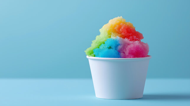 Colorful rainbow shaved ice in a white paper cup against a light blue background.
