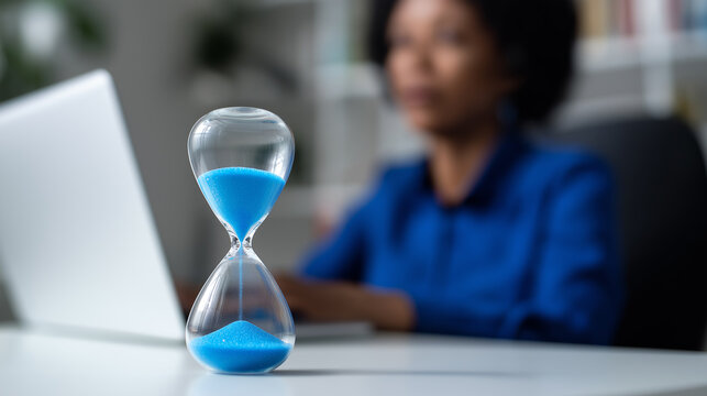 Blue sand hourglass on a desk with a businesswoman working on a laptop in the background.
